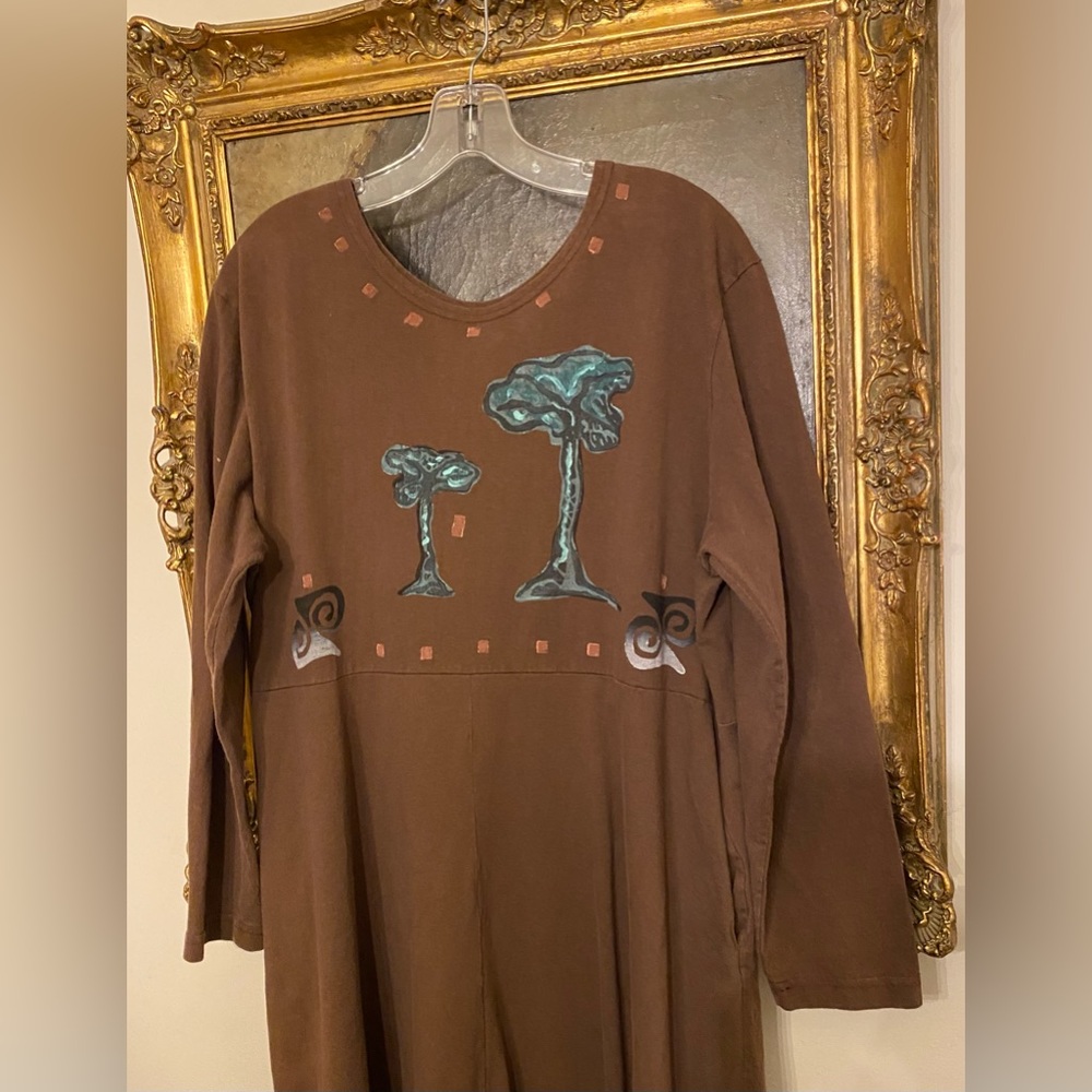 Blue Fish Long Sleeve Brown Dress with original Art of Trees from 1996 - Picture 2 of 10
